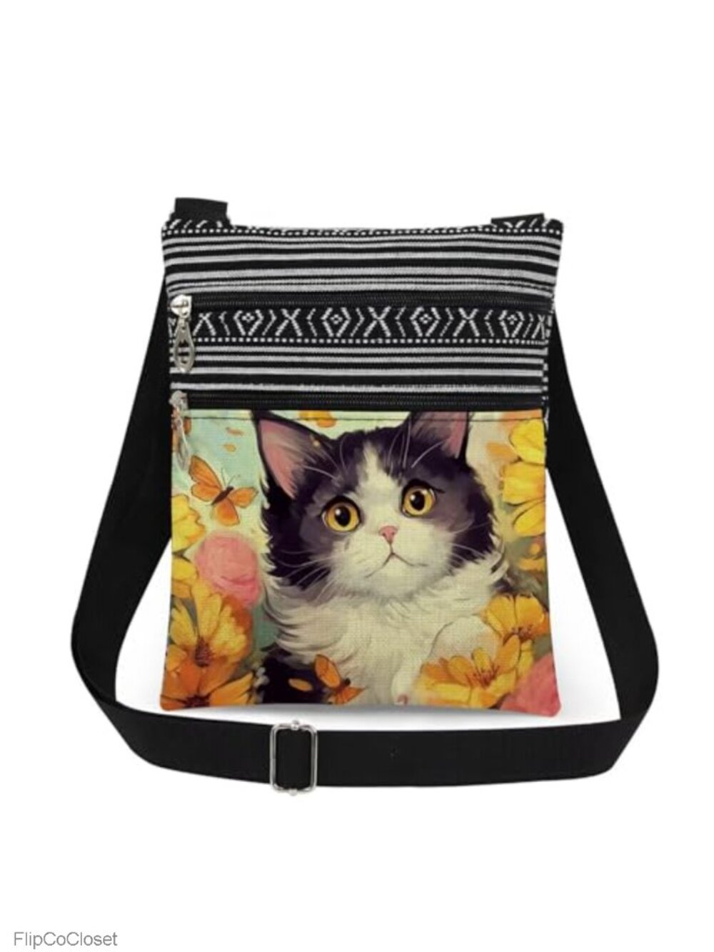 Cat Floral Polyester Crossbody Bag Adjustable Strap Travel Purse